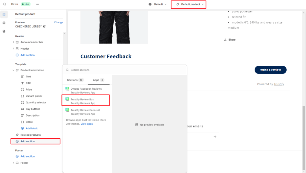 open the Product page in the Section tab
