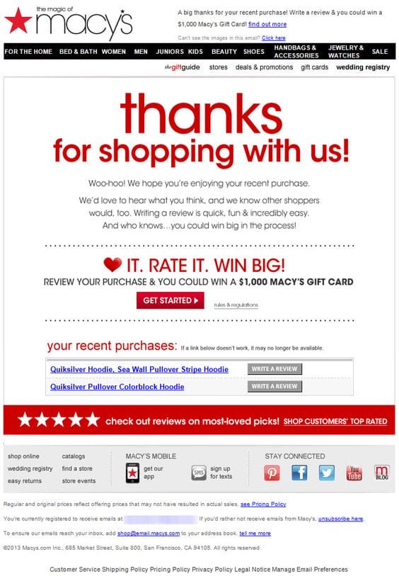 Example of a polite Macys's review request email subject line.