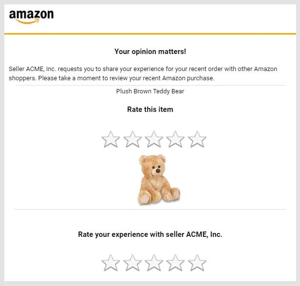 Example of a personalized Amazon's review request email subject line.